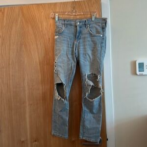 AGOLDE LIGHT DENIM DISTRESSED STRAIGHT LEG JEANS, SIZE 25